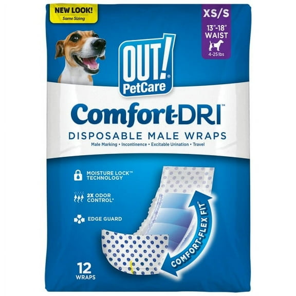 OUT! Petcare Disposable Male Dog Diapers, Absorbent Leak Proof Fit, XS/Small, 12 Count