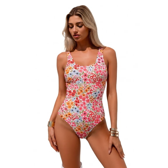 Hind Women's One Piece Swimsuit, Floral Scoop Neck Bathing Suit with Adjustable Straps and Tie Back, Multicolor