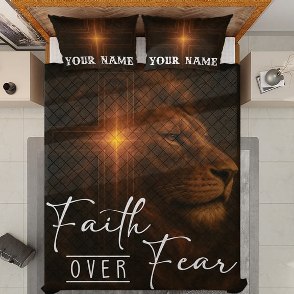 Lotusprinthandmade Personalized Faith-Based Lion and Jesus Quilt Bedding Set (White Binding) 5 Sizes (Made in Vietnam) (55x60), Christian Faith Quilt Blanket