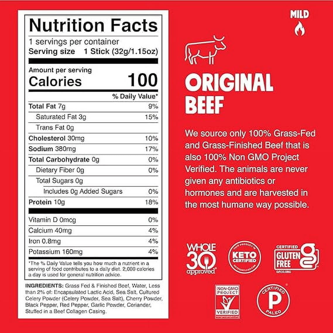 Chomps Grass-Fed and Finished Original Beef Jerky Snack Sticks 10-Pack - Keto, Paleo, Whole30, 10g Lean Meat Protein, Gluten-Free, Zero Sugar Food, Non-GMO