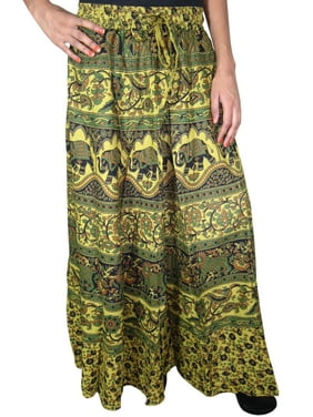 Mogul Green Cotton Long Skirt Printed Boho Chic Gypsy Skirts
