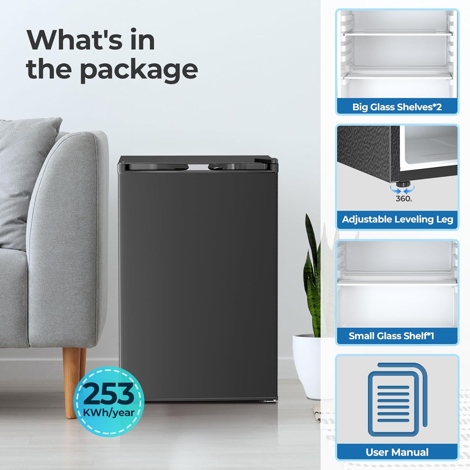 WAA 4.5 Cu.Ft Mini Fridge with Freezer Reversible Door,Adjustable Thermostat for Small Spaces (Black)