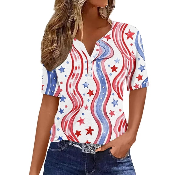 Patriotic T Shirts Womens 4Th of July Outfits Short Sleeve Henley V Neck Buttons Blouse American Flag Star Stripes Printed Funny Patriotic Graphic Tees Independence Day Dressy Clothes Summer Tops