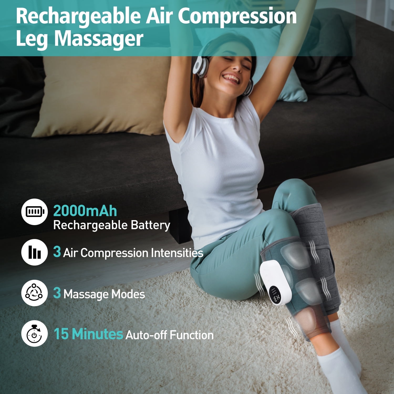 Leg Massager for Circulation, Air Compression Massager for Calf Foot Legs Muscle, 3 Modes 3 Intensities Leg Massager and Heat Calf Wraps Massager for All Size,Relief Leg Muscle Fatigue,2Pcs