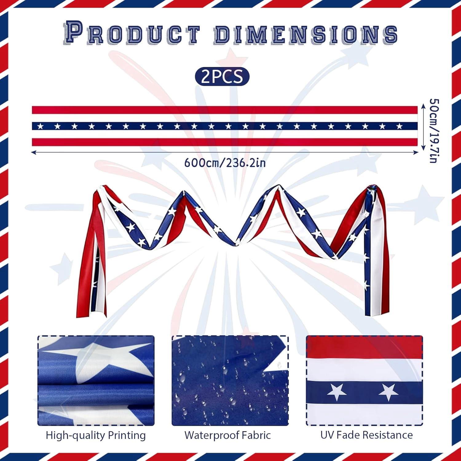 FENLEI 2 Pack 20Ft 4th of July Patriotic Bunting Banner, American Flag Outdoor & Door Decor, 250th Independence Day Decoration