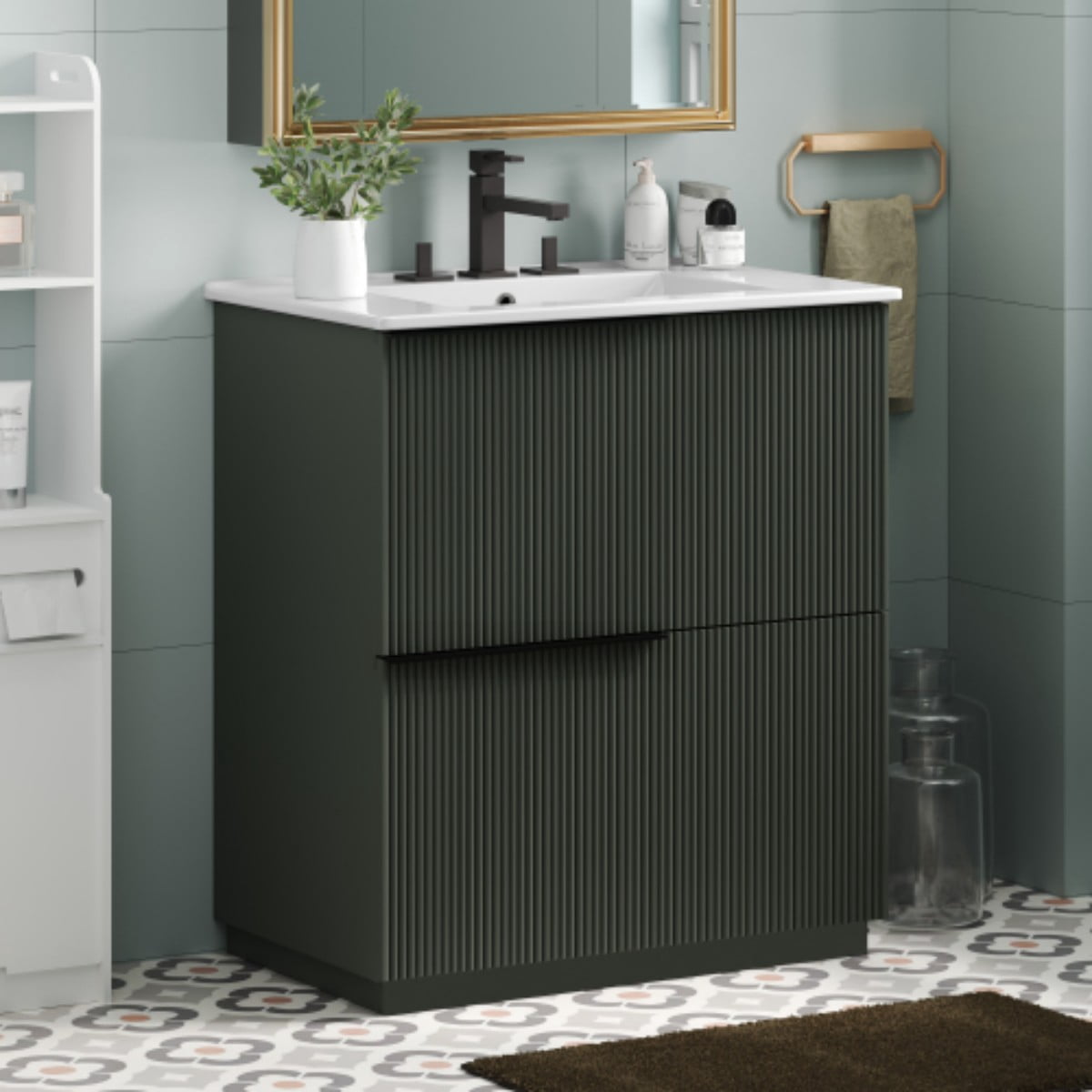 30" Bathroom Vanity with Ceramic Sink, Freestanding Bathroom Cabinet with Full Extension Drawers, Soft Close Slides, Fluted Design, Green