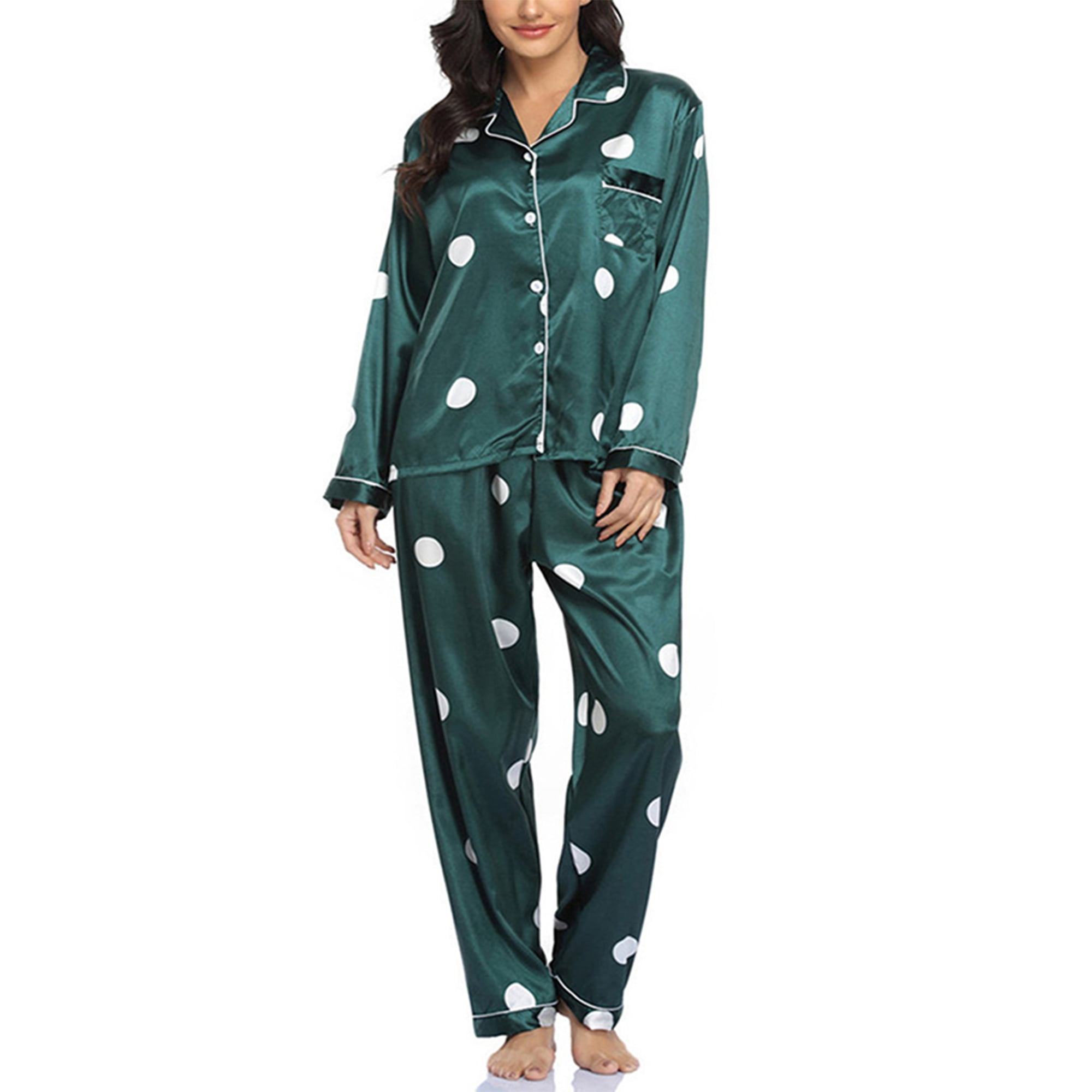 Grianlook Women Silk Pajama Set Nightwear Pj Set Polka Dot Shirt