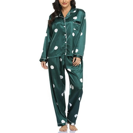 

UKAP Comfy Pajamas for Women 2-Piece Warm and Cozy Silk Pj Set of Loungewear Button Front Top Pants Set Nightwear Green Polka Dot L