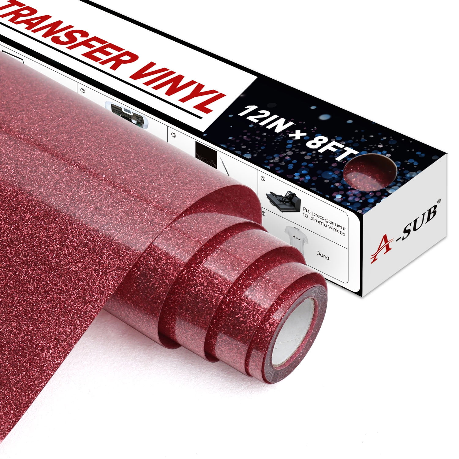 ASUB Red Glitter HTV Heat Transfer Vinyl Rolls 12" x 8ft Red Glitter