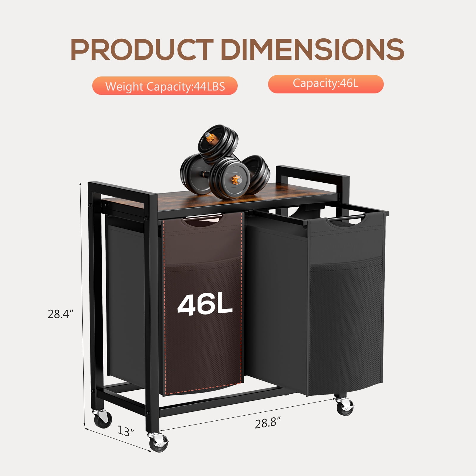 GIANNA Laundry Hamper, Laundry Basket with 2 Removable Bags, Laundry Sorter with Shelf, Metal Frame, 28.8 x 13 x 28.4 Inches, Rustic Brown and Black, 46L x 2(92L)