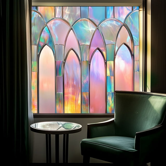 Green Fan Shaped Art Glass Window Film for Privacy and Decoration – Static Cling Sticker for Windows Doors Bathrooms Kitchens