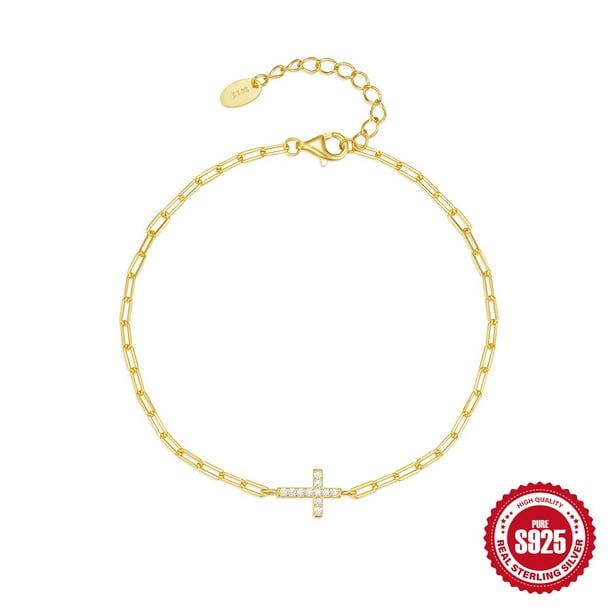 Heshpaws S925 pulsera de Cruz de plata esterlina, pulsera de Cruz ajustable, regalo de confirmación de joyas de Cruz religiosa con diamantes de moda y concisa, caja de regalo de mujer, plata