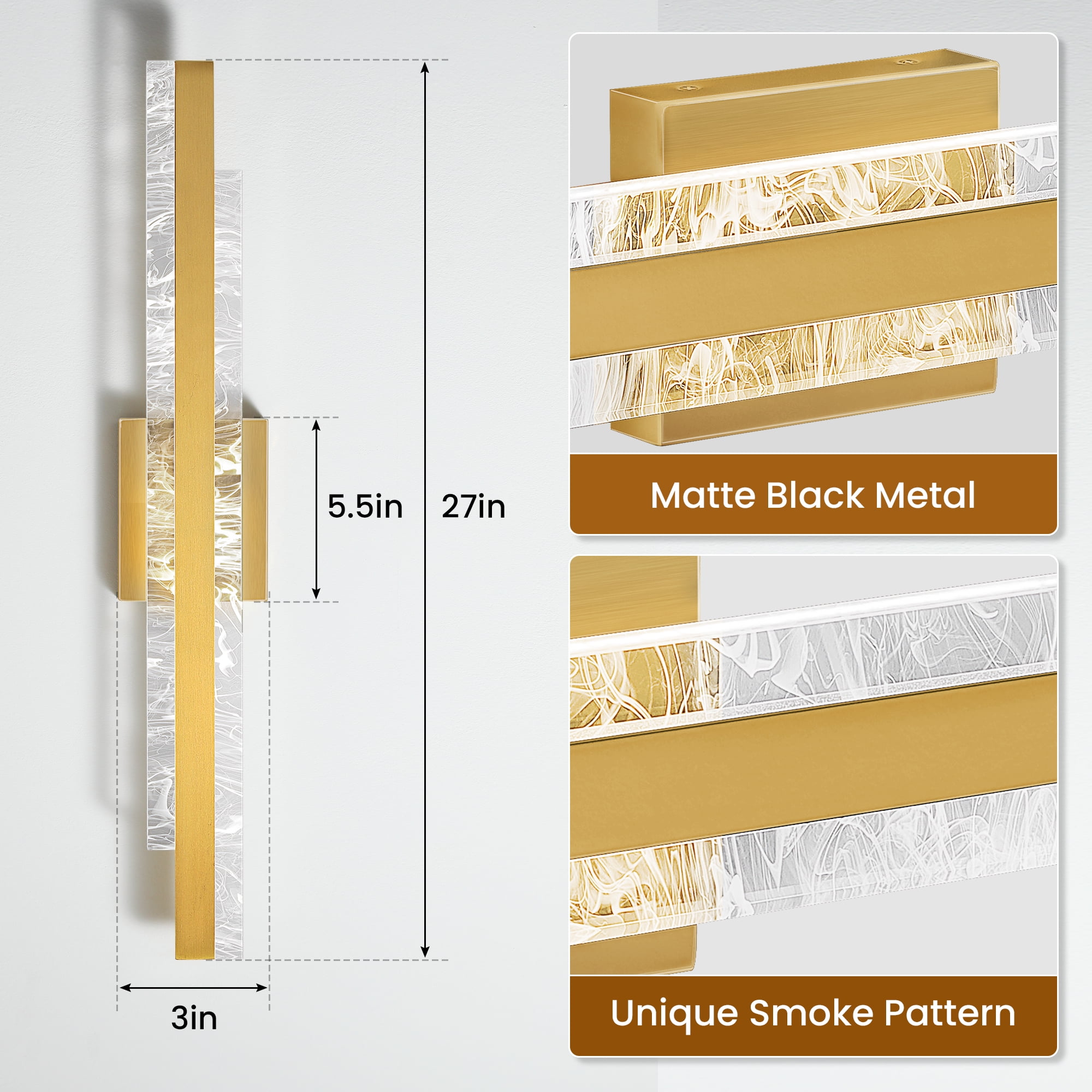 Modern Bathroom Vanity Light Brushed Gold 27 inch Dimmable LED Bath Bar Light Fixtures Over Mirror Wall Sconce Picture Lights for Paintings Cabinets Bedroom