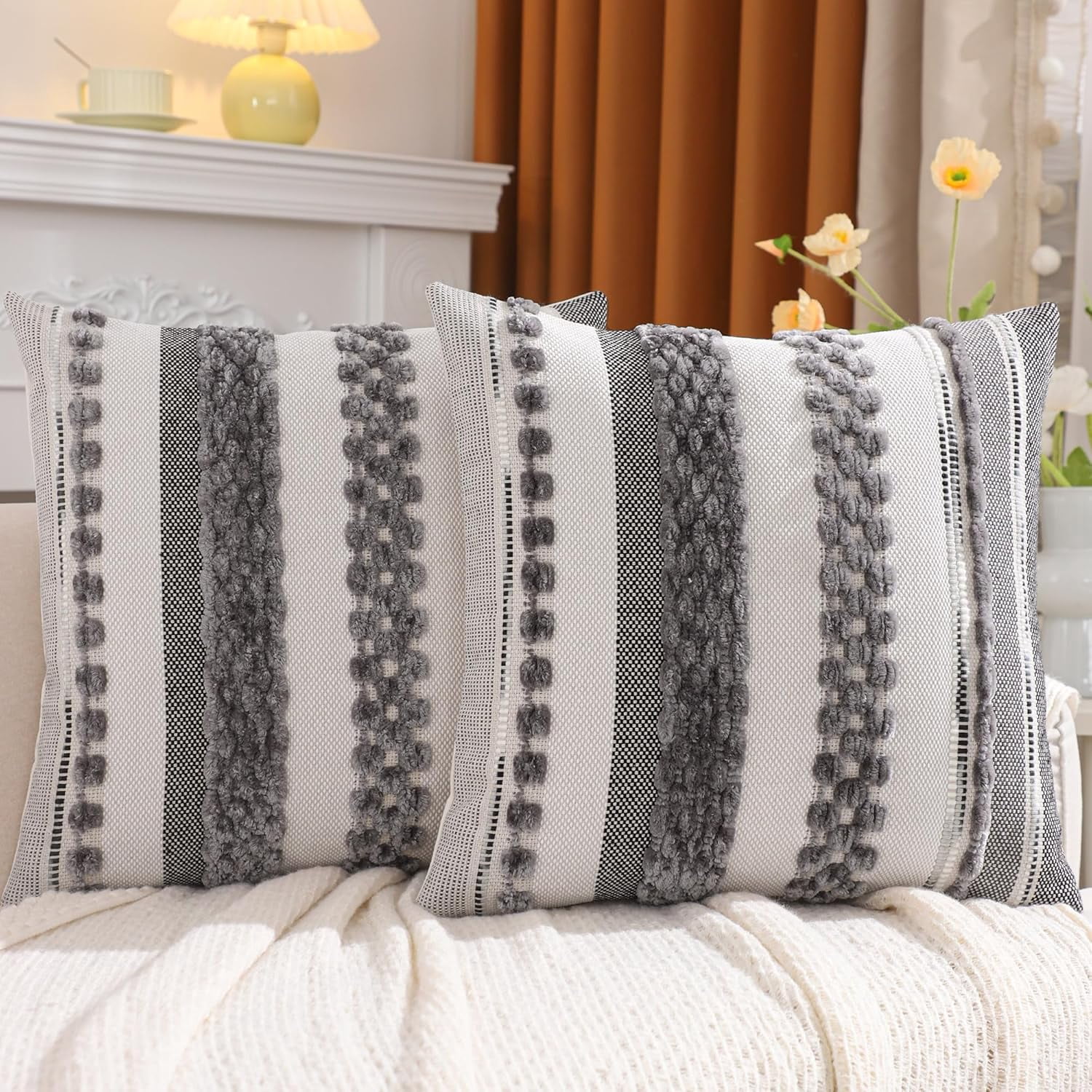 Tosleo Boho Throw Pillow Covers 18x18 Set of 2 Striped Decorative Pillow Cases Accent Chenille Pillowcases Farmhouse Cushion Case Bohemian Nuetral Textured Pillow Cover,Gray