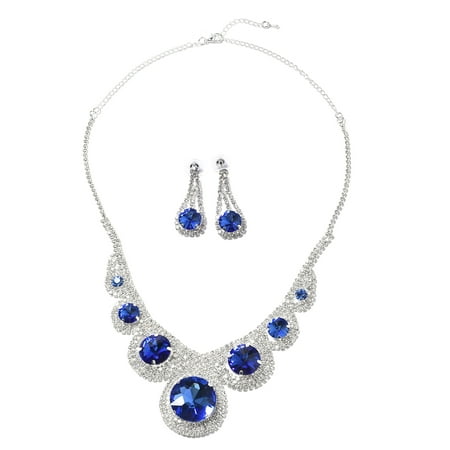 Dangle Drop Earrings Necklace Set for Women Blue Glass Crystal Silvertone Gift Jewelry Size 23