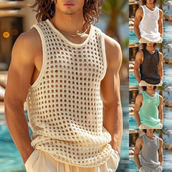 Fengqque Mens Mesh Sleeveless Tank Tops Casual Hollow Out T Shirts Beach Summer See Through Tops White XL(XL)