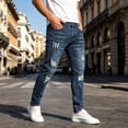 thumbnail image 6 of Men's Skinny Jeans Stretch Slim Fit Distressed Straight Leg Ripped Tapered Leg Denim Pants Sizes S-2XL Blue, 6 of 8