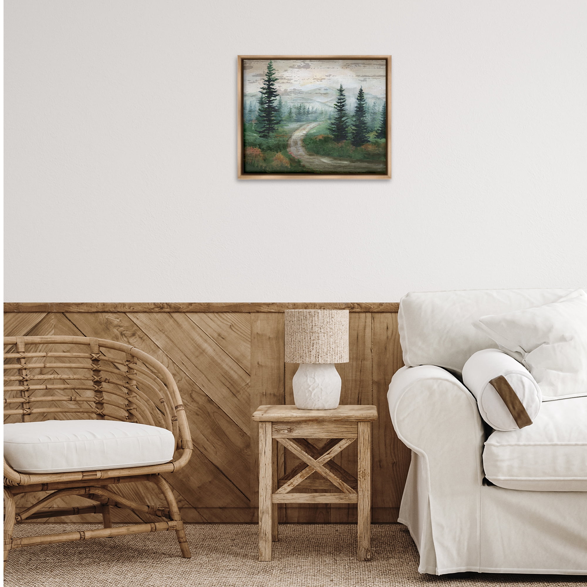 Stupell Industries Path Through Wilderness Landscape & Nature Painting Brown Floater Framed Canvas Art Print Wall Art, 21 x 17