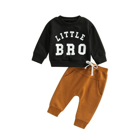

wybzd Infant Baby Boys Outfit Letter Print Long Sleeve Sweatshirts Tops + Solid Color Long Pants Set Black Brown 1 6-12 Months
