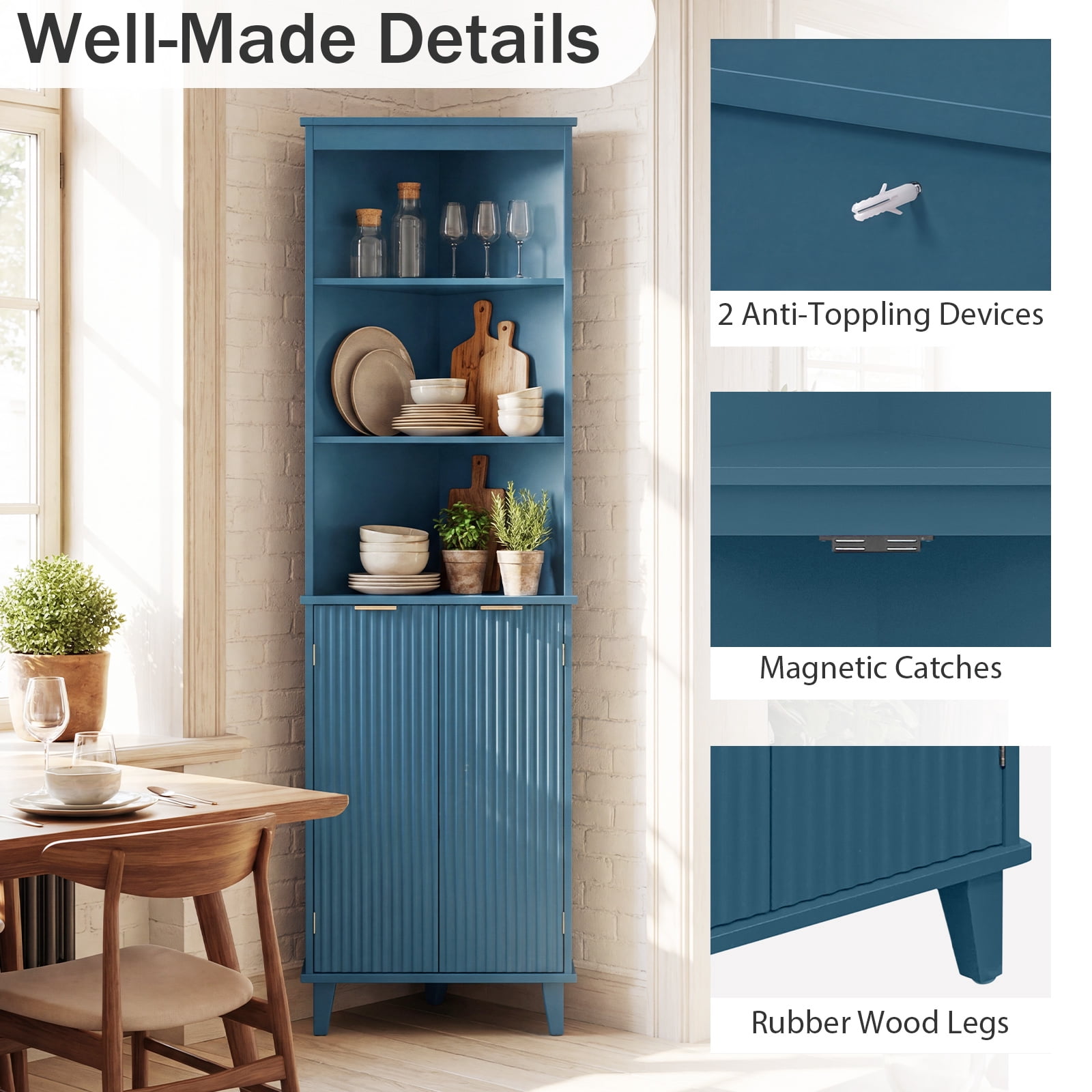 Costway 68" Tall Corner Bathroom Cabinet with Fluted Doors, Modern Bathroom Floor Storage Cabinet Blue