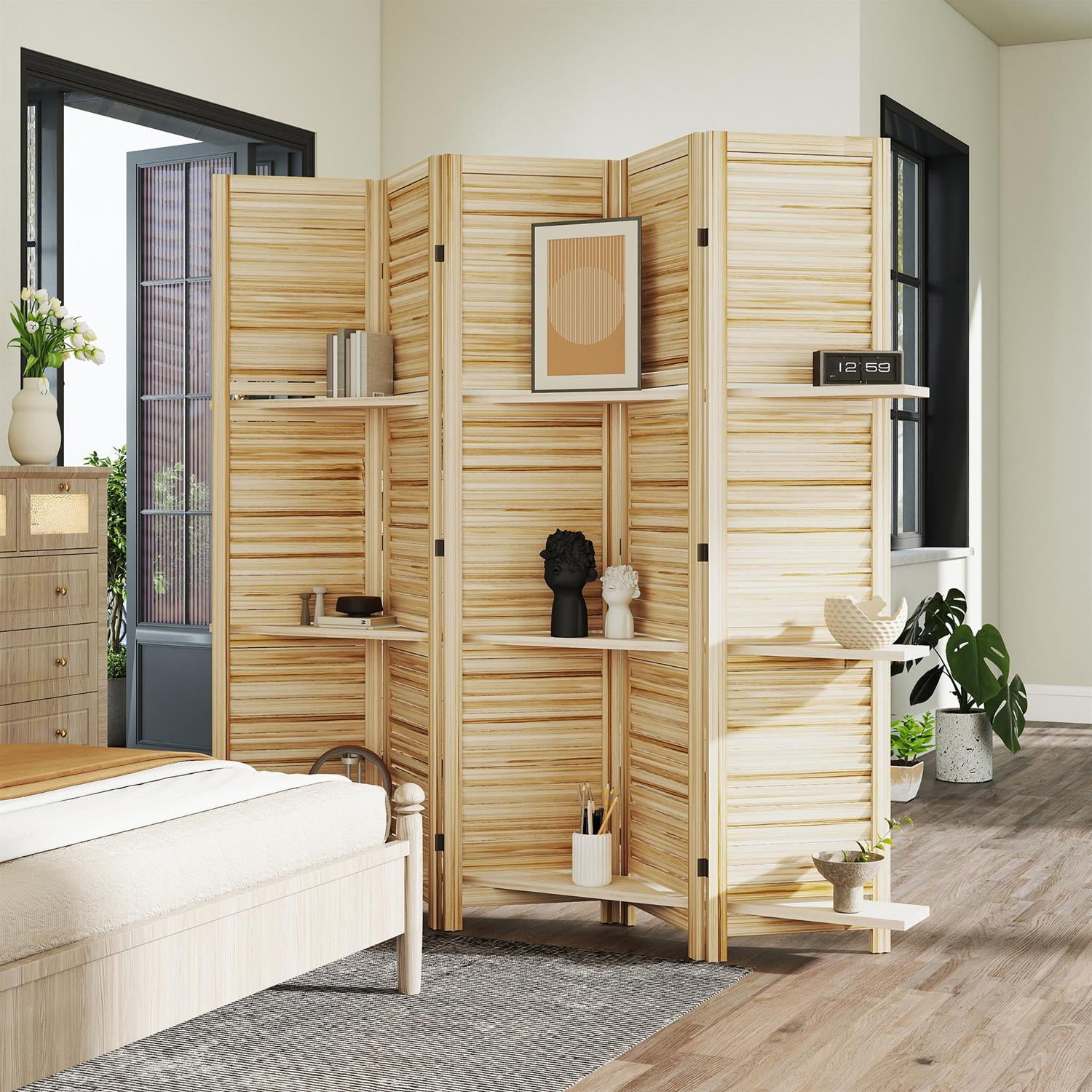 Demi Bonn 67" Tall Wood Privacy Screen Room Divider with 5 Panels, 3 Shelves, Folding Storage for Bedrooms, Beige