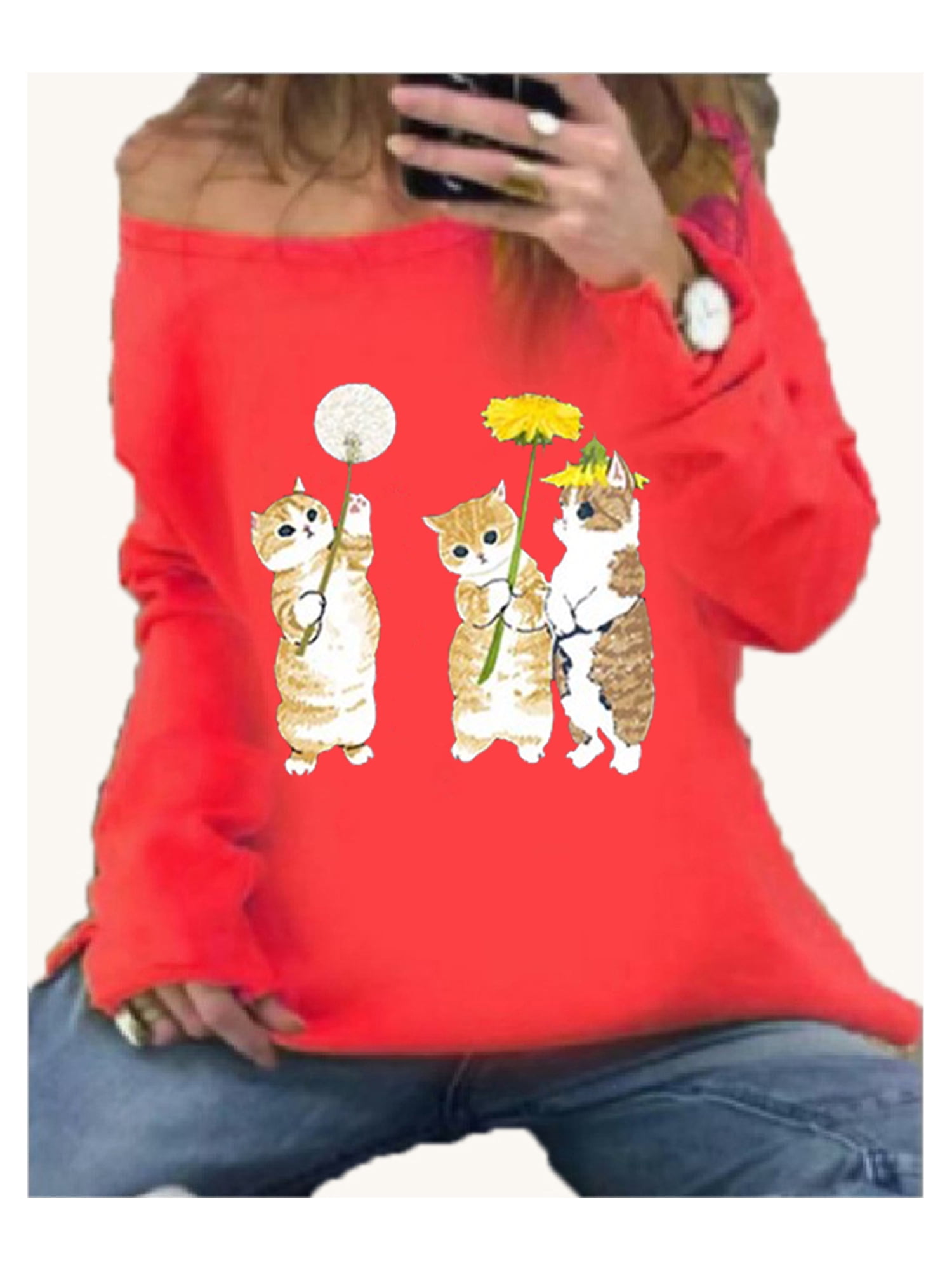 7 Colors Oversize Women Cartoon Cat Warm Hooded Loose Top Button Sweater Clothes 