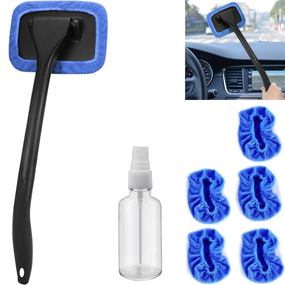 Car Windshield Cleaning Tool, Windshield Cleaner with 5 Washable and Reusable Microfiber Pads and Extendable Handle, for Auto Glass Wiper (Green)