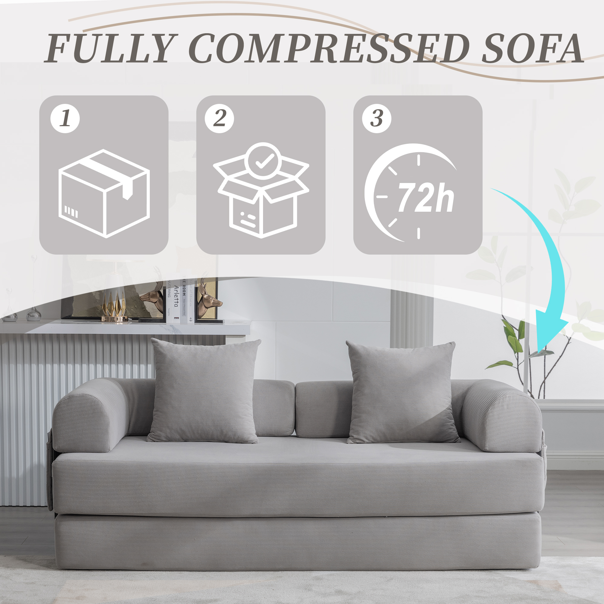 MOONMISS Corduroy Upholstered Modern Comfort Foldable Compressible Sofa Bed with Sturdy Metal Frame-Light Gray