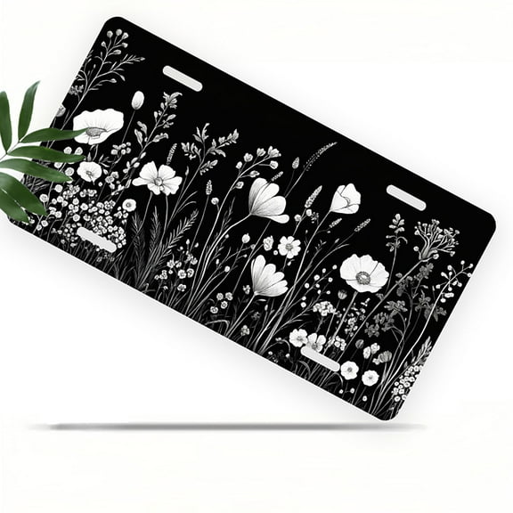 Monochrome Wildflower Border Front License Plate, Metal License Plate, Funny Standard Plates Personalized Novelty Decorative For Men/Women/Boys/Girls Car 6×12 Inch