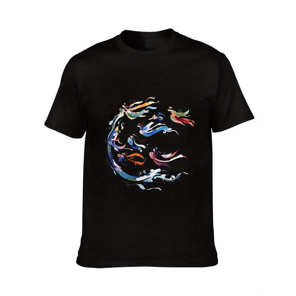 Men's Slim Fit 100% Cotton T Shirt Black with Vibrant Chinese Mythology Dragon Print