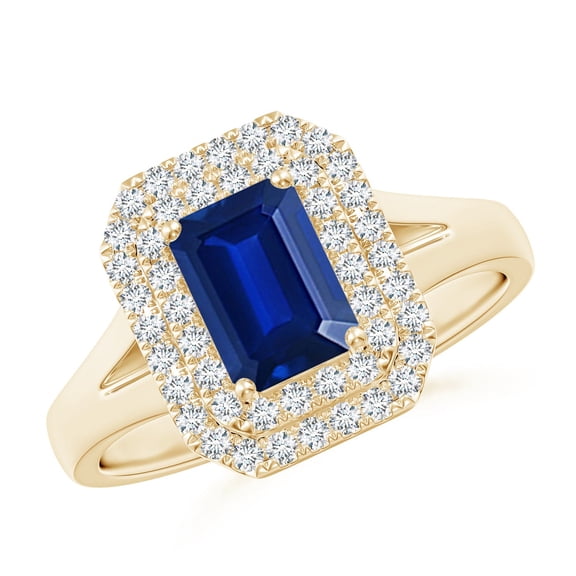 ANGARA Lab Grown 1.05 Ct Blue Sapphire Double Halo Engagement Ring for Women in 14K Yellow Gold (Size-7x5mm) | September Birthstone, Anniversary, Jewelry Gift for Women | Lab-Grown Blue Sapphire Ring