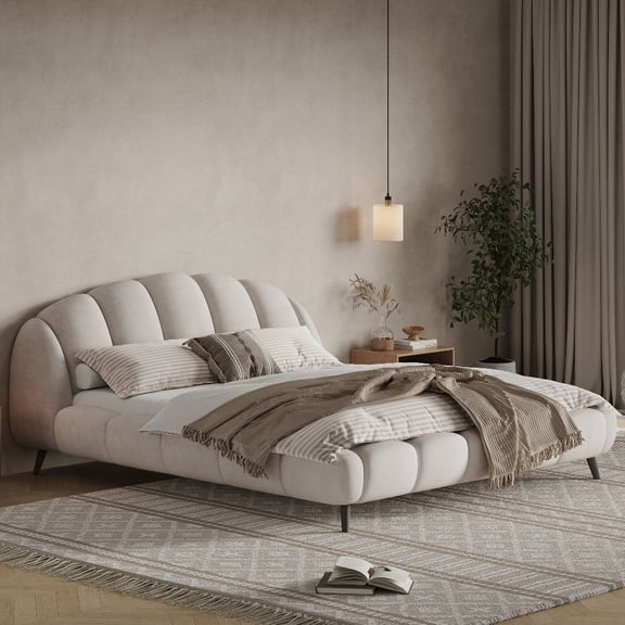 King Size Chenille Upholstered Platform Bed, Shell Design, Solid Rubberwood