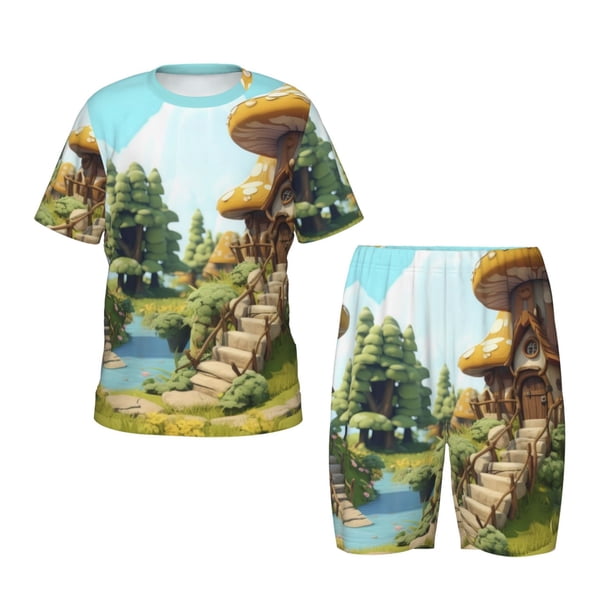 Balery Cartoon Mushroom House Conjunto de Pijama Infantil de Manga Corta con Estampado – Ropa de Dormir de Algodón Suave-3X-Large