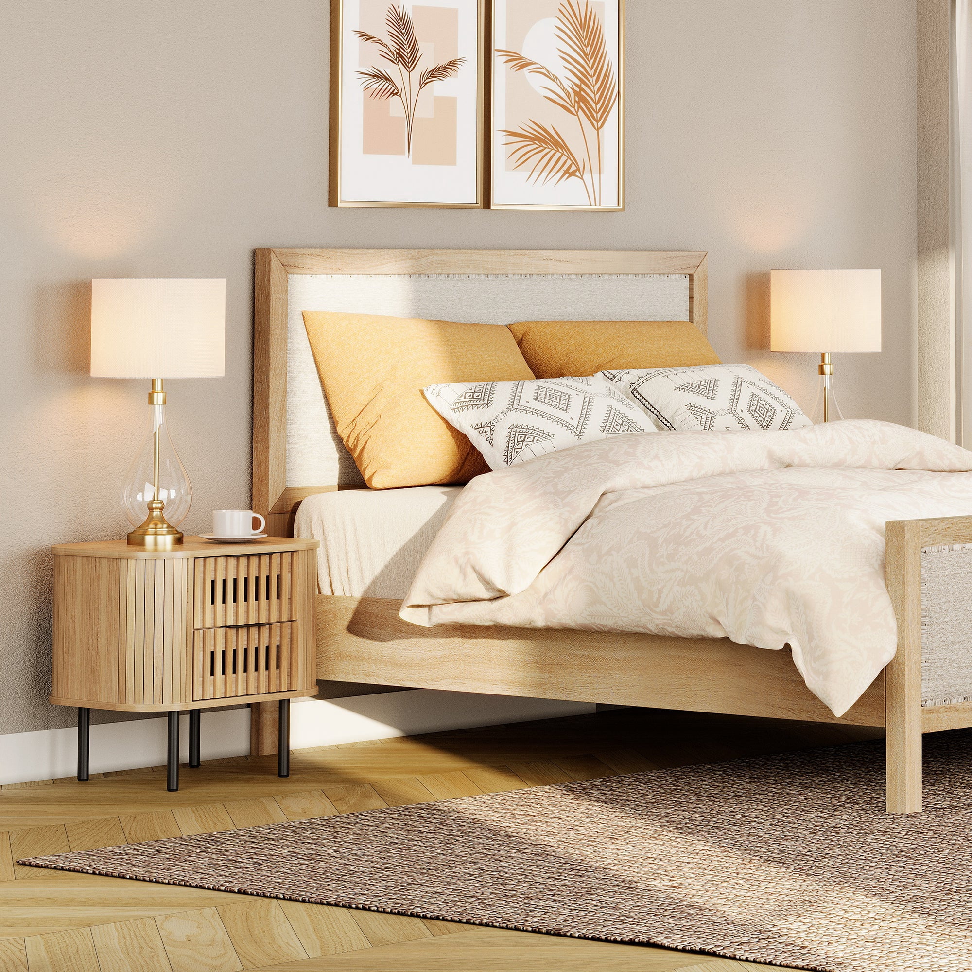 Wampat Set of 2 Mid Century Modern Nightstands for Bedroom, Storage Side Tables with 4 Drawers for Living Room, Oak