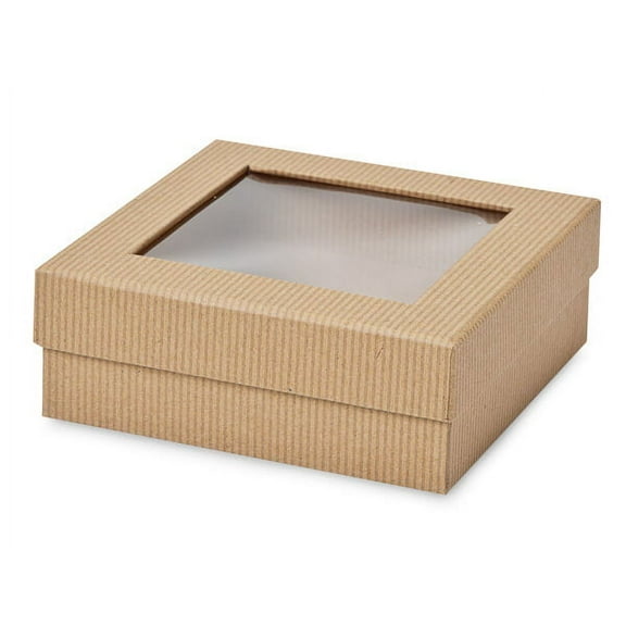 Pack of 24, Kraft Pinstripe Medium Gourmet Rigid Window Box 5-7/8 x 5-7/8 x 2-1/8" As Gift Boxes & for Gourmet Candies & Food