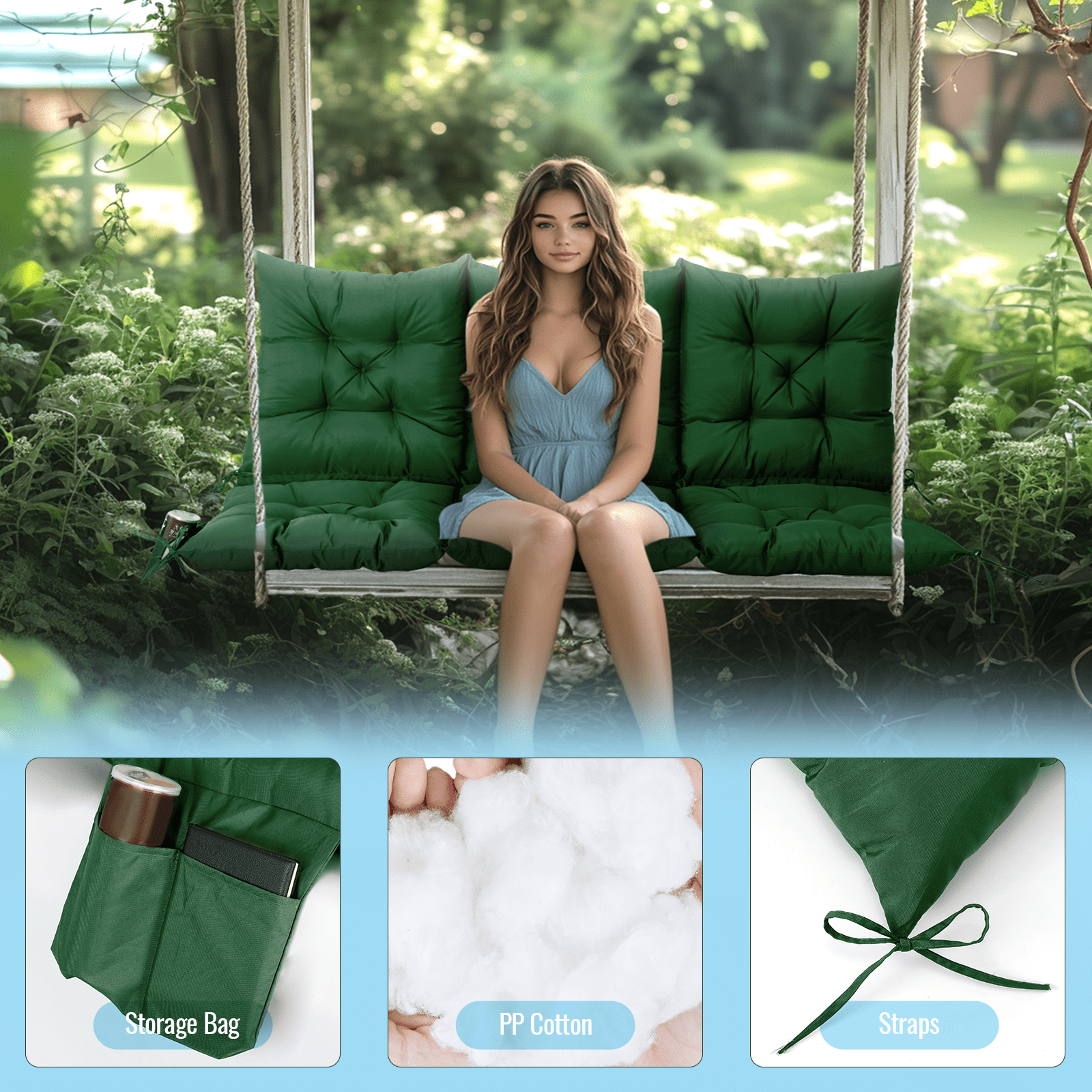 Outdoor Bench Cushion Inlife Swing Chair Cushion Waterproof Sun-Resistant with 8 Nonslip Ties, Dark Green 150cm*100cm