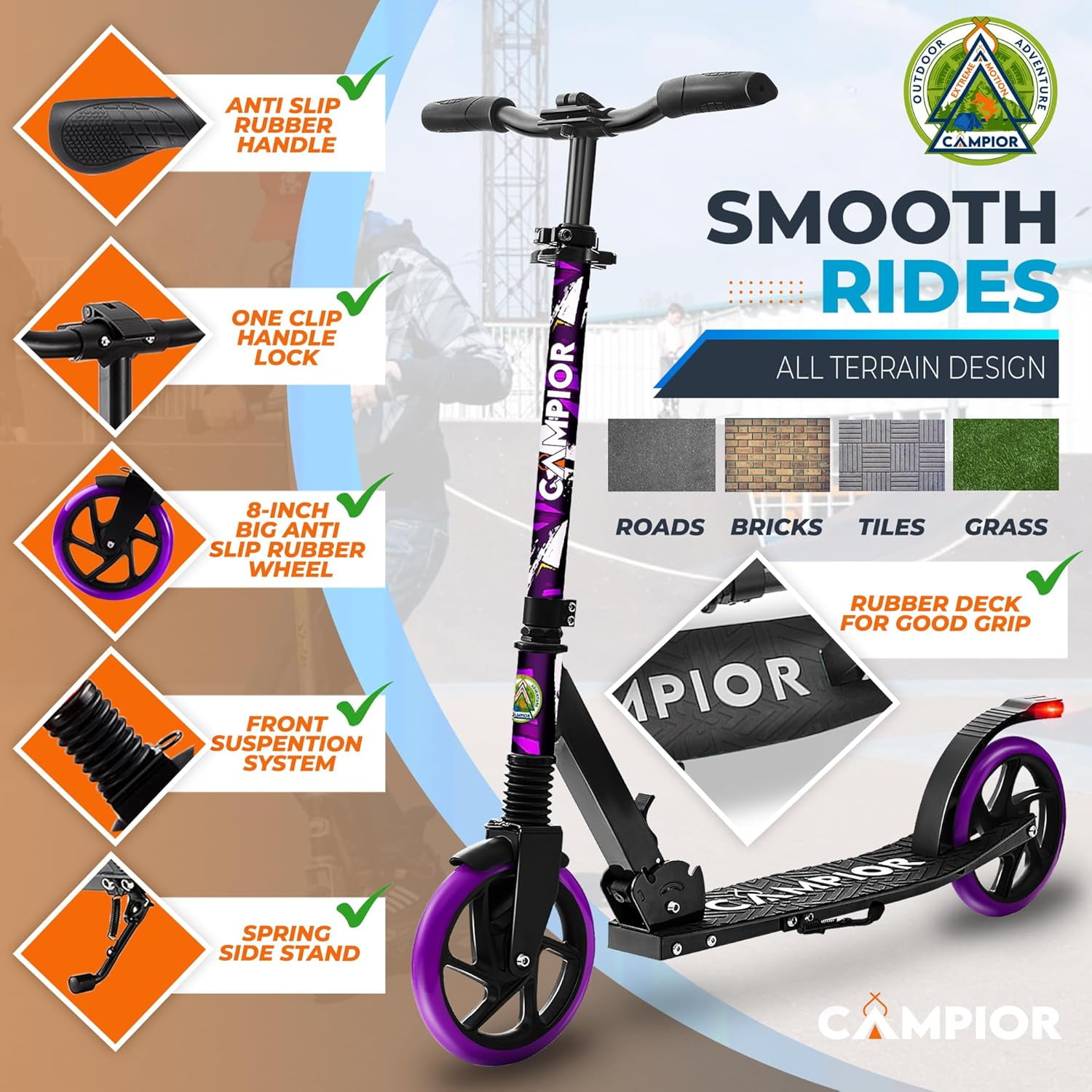 Campior Kick Scooter for Ages 6+, For Kids, Teens, and Adults, Max Load 240 LBS, Foldable, 8-inch Big Wheels for Kids and Adults, With Kickstand, 3 Adjustable Levels, Child Safety Approved, Purple