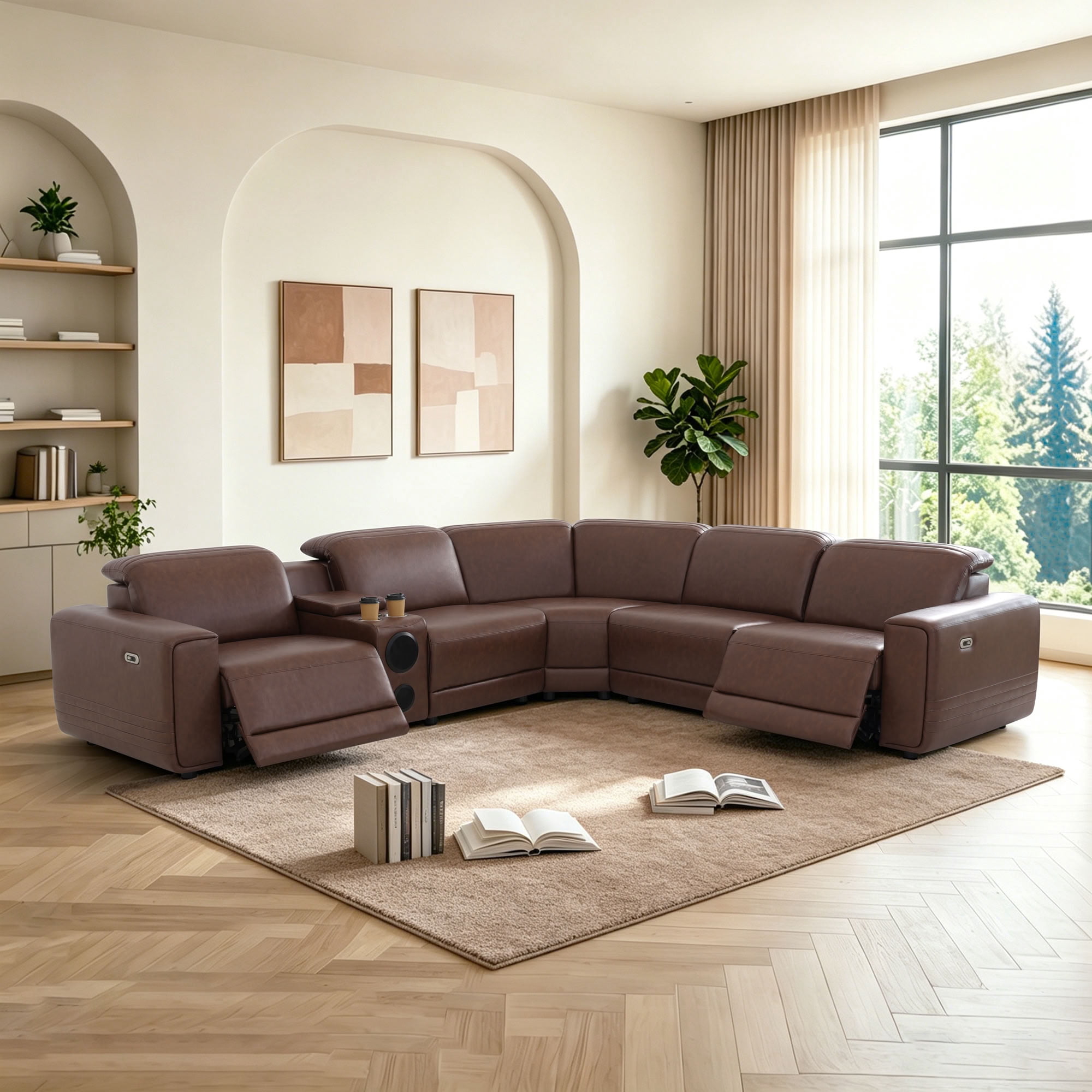 MAYEERTY Oversized Power Recliner Sectional Sofa, L-Shape Modular Couch Set with Bluetooth Speaker, USB Ports & Storage Console, Semi PU Leather for Living Room