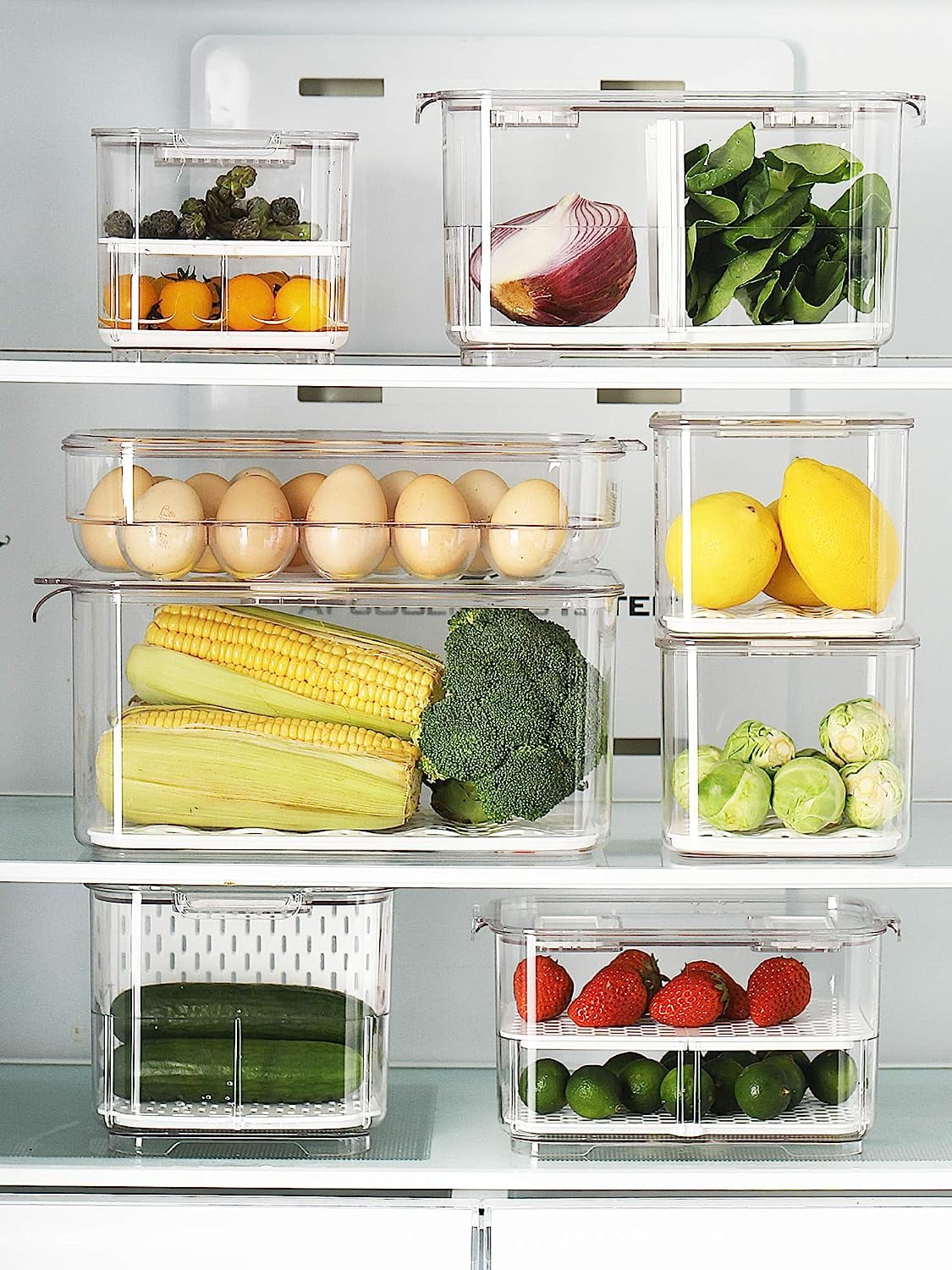 Extra Large Fruit Vegetable Storage Container with Folding Lids, 3 Pack Produce Saver with Vents Stackable Fridge Organizer Salad Lettuce Keeper For Refrigerator, 9L&5.7L&2.8L