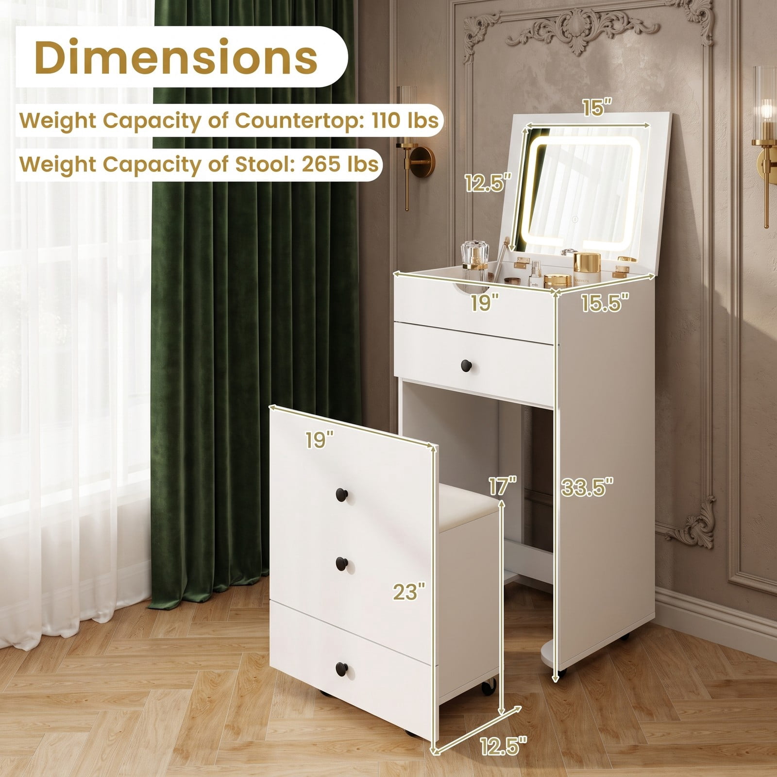 Furnibear 3 in 1 Vanity Set with Flip Up LED Mirror and Rolling Casters and Cushioned Storage Stool for Bedroom and Small Space, White