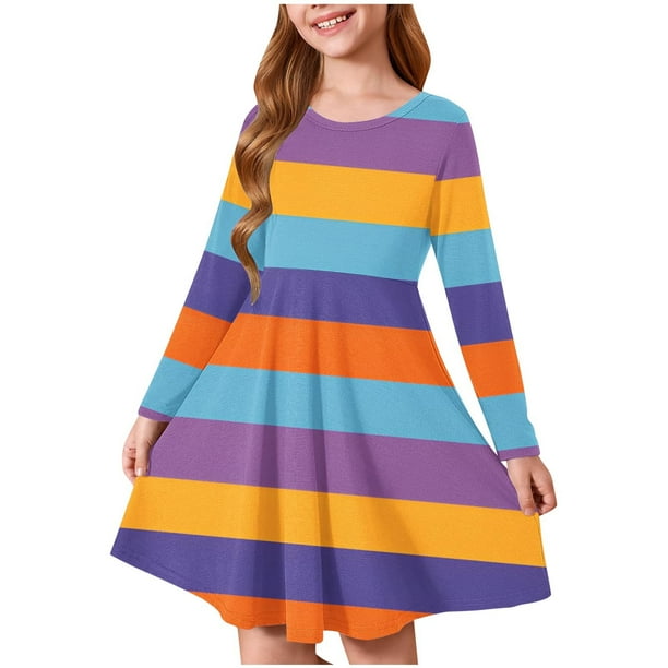 Odeerbi Niñas Manga Larga Ballet Skater Vestido Rainbow Striped Stretchy Twirly A Line Vestido Escuela Recital Cuello Redondo Vestido