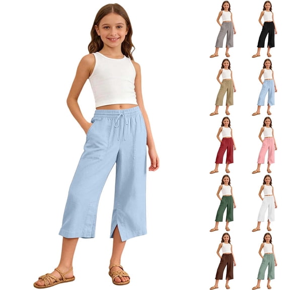 MuXiKeJi Clothes Girls Wide Leg Linen Pants Casual Summer Beach Palazzo Pants Flowy Boho High Waisted Lounge Trousers with Pockets 11-12 Years