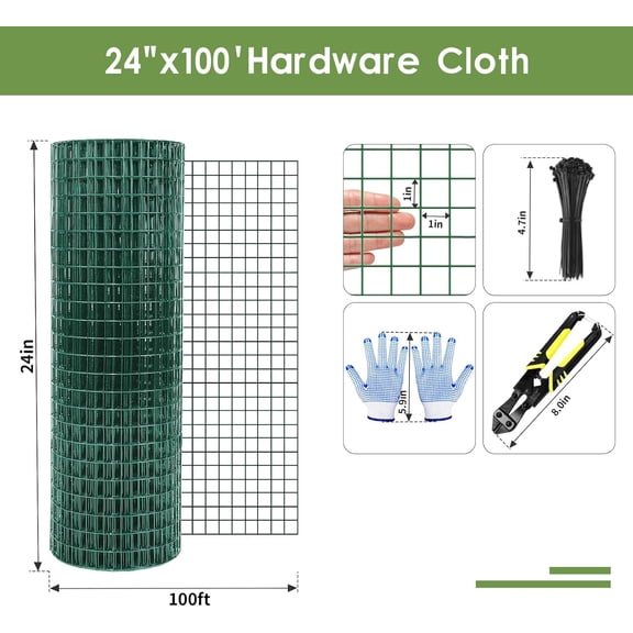 24" x 100' Green Chicken Wire Fencing, 19 Gauge Galvanized Welded Wire Mesh for Poultry, Rabbit,