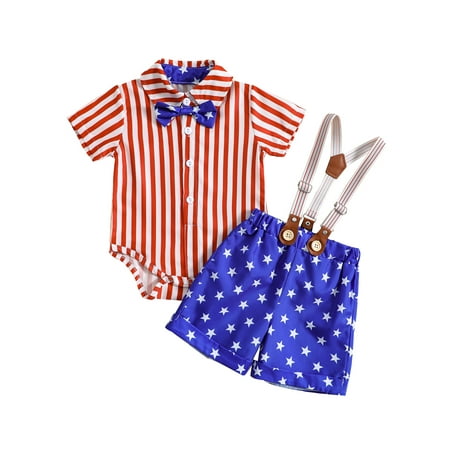 

4th of July Infant Baby Boy Clothes Gentleman Outfits Suits Summer Short Sleeve Bowtie Bodysuit Shirts + Suspender Shorts(3-24M)