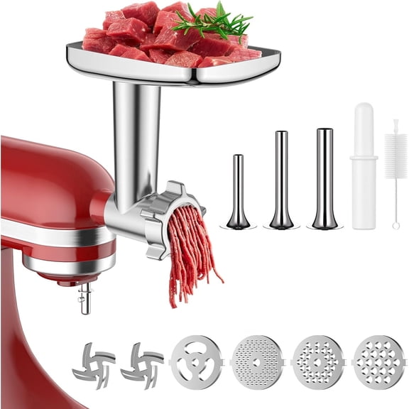 Cfweater Compatible with KitchenAid Stand Mixer Meat Grinder Attachment, Die-Cast Aluminum Body with 4 Grinding Plates & 3 Sausage Tubes, Silver.