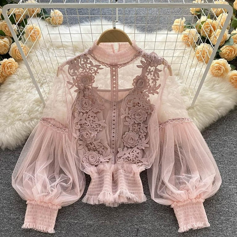 Women Cottagecore 3D Flower Blouse Bell Long Sleeve Sheer Lace
