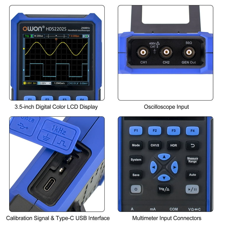 OWON HDS2202S – 2-Kanal Handoszilloskop Mit 200 MHz, Multimeter Und Wellenformgenerator In Einem, 20.000 Counts, USB-C