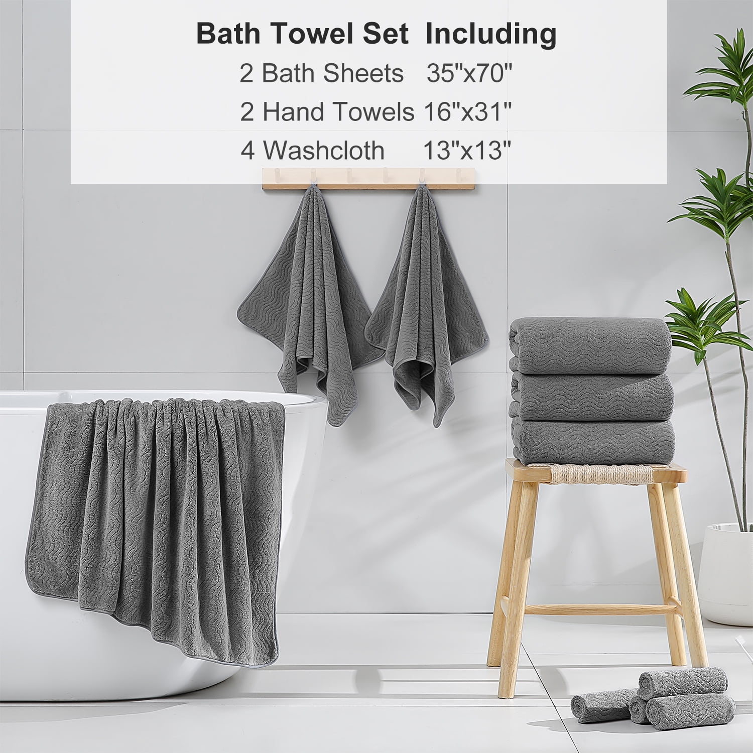 Beartech 8 Piece Microfiber Bath Towel Set ,2 Oversized Bath Sheet,2 Hand Towels,4 Washcloths, Extra Large, Soft & Less Lint Bathroom Towels Highly Absorbent Quick Dry Towels-Dark Gray