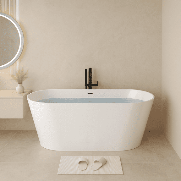 59" Acrylic Freestanding Bathtub, Stand Alone Soaking Tub, Glossy White Acrylic, Toe-tap Chrome Drain, cUPC Certified