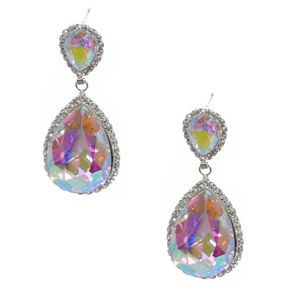 (42057-101) Wedding Earrings Silver Plating Aurora Borealis Rhinestone Dangle Earrings
